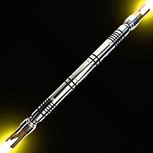 Bastila Shan Staff Saber with yellow light against black background